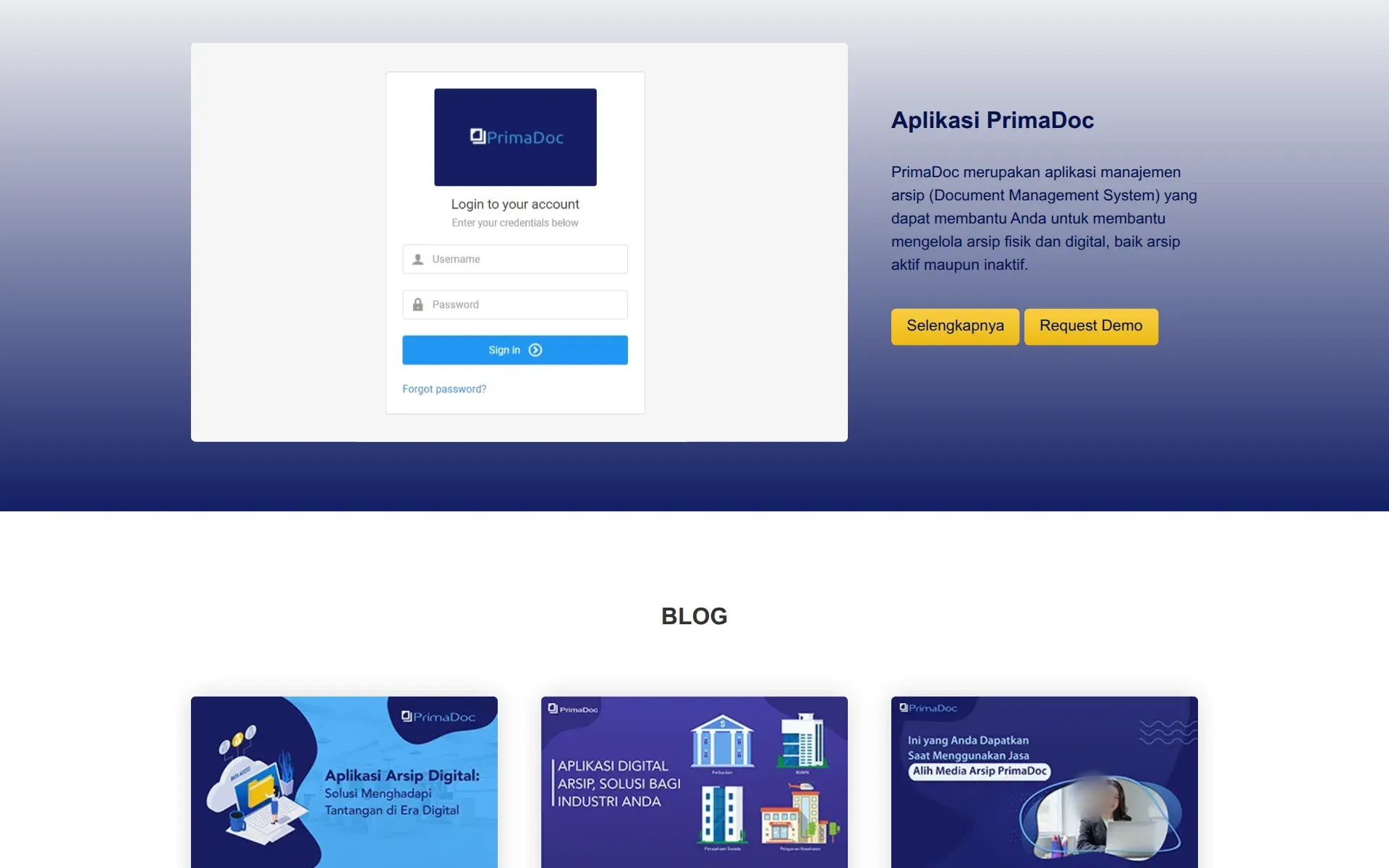 PrimaDoc application section beside the homepage blog cards
