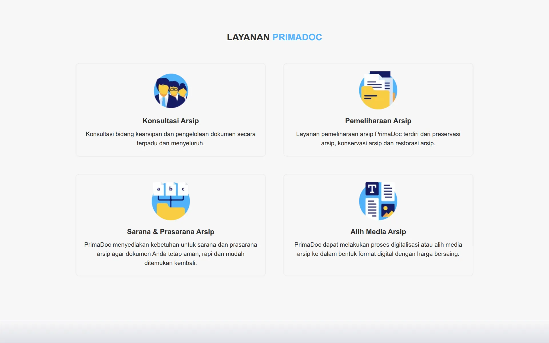 Four PrimaDoc archive services: consulting, maintenance, facilities, and digitisation