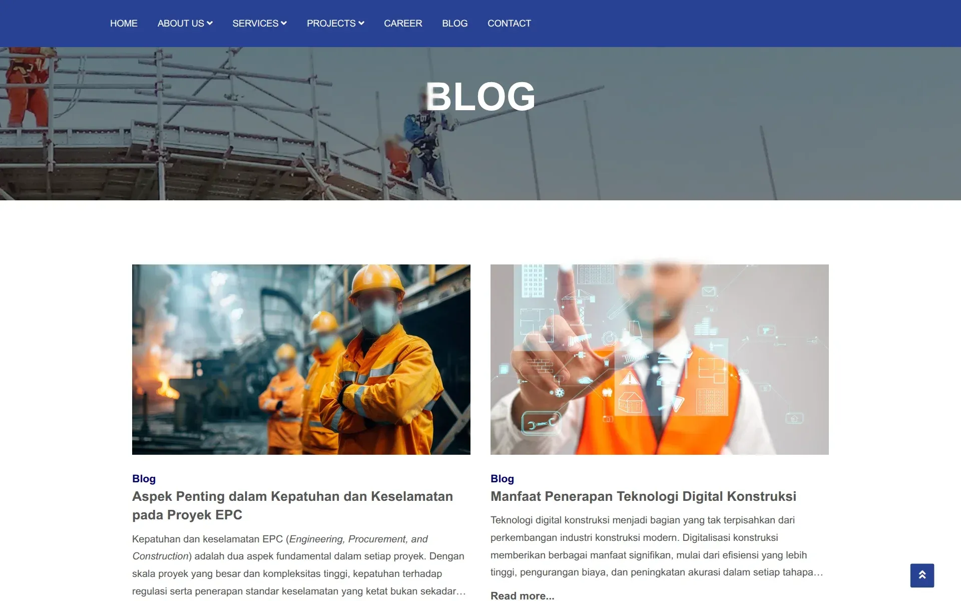 Blog index with two article cards about EPC safety and digital construction