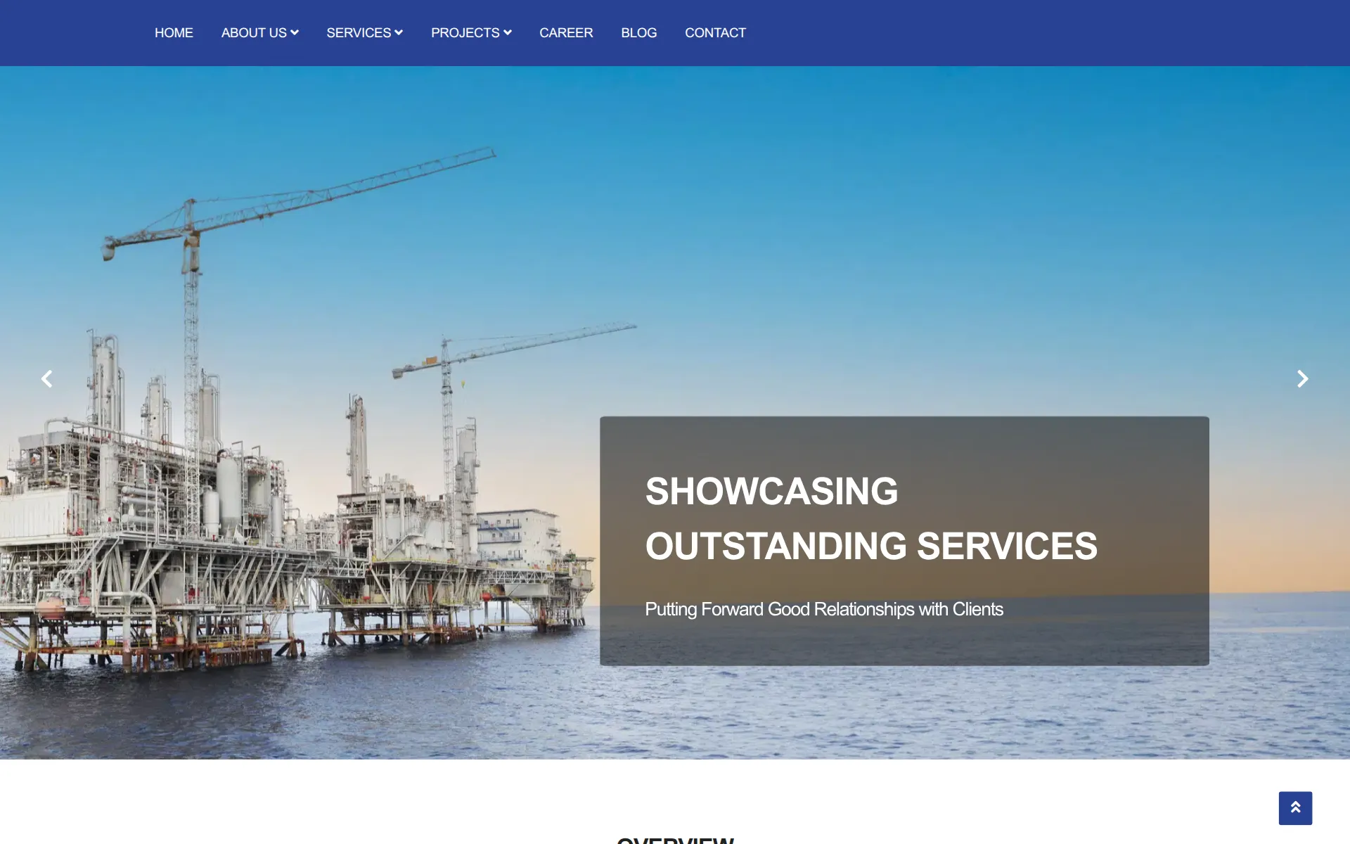 Catur Elang homepage slider showing an offshore platform and the caption Showcasing Outstanding Services