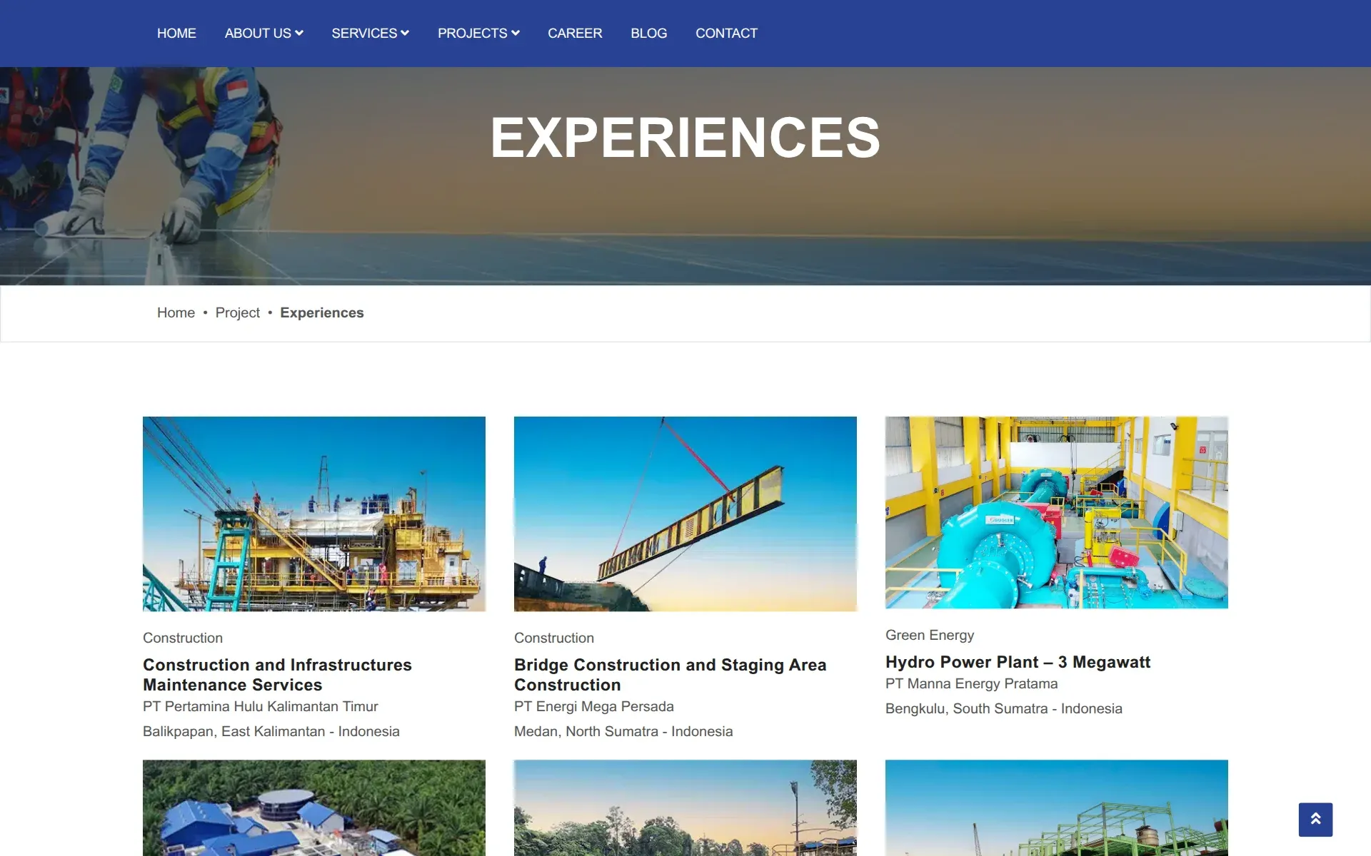 Experiences page listing completed projects with category, client, and location