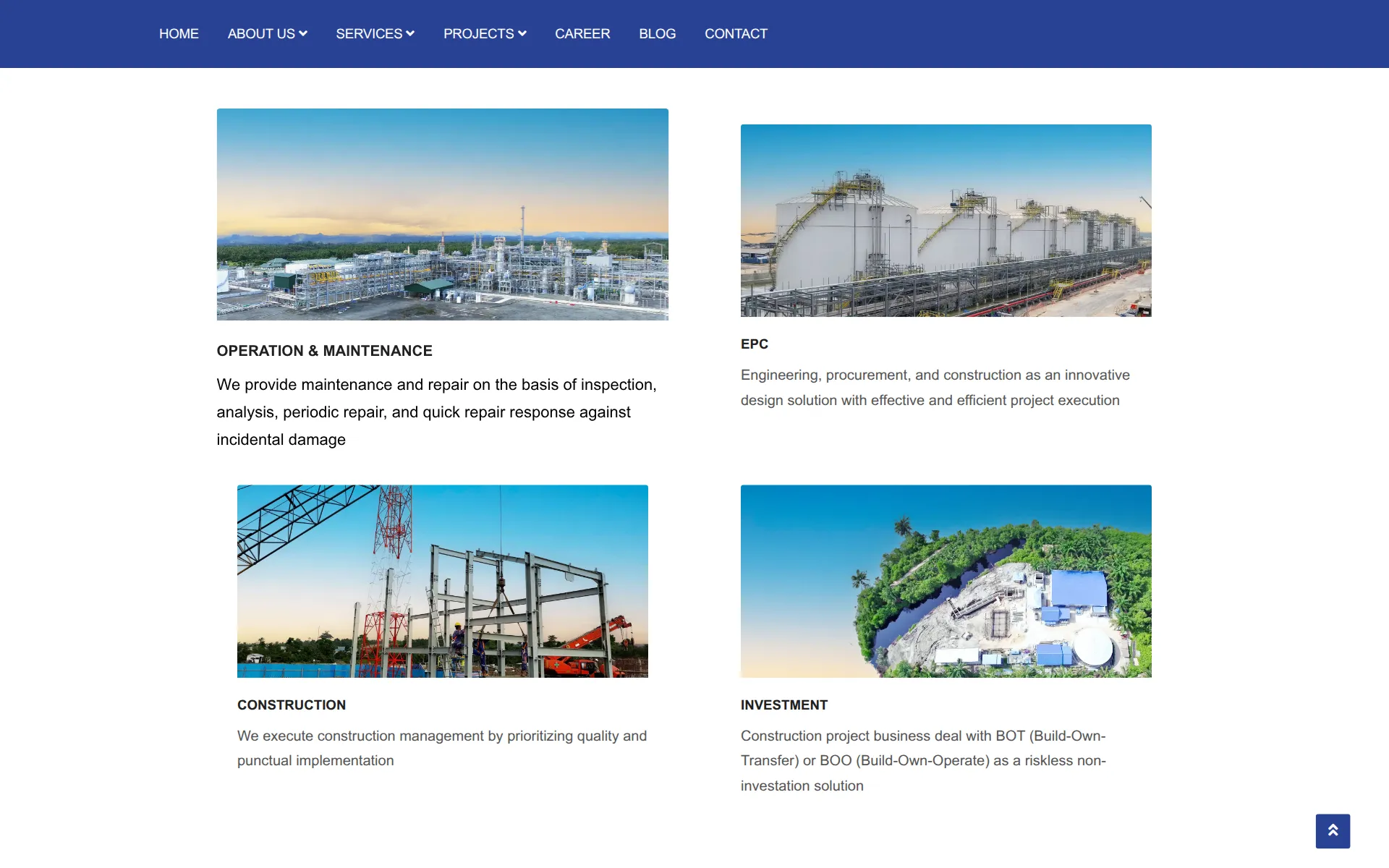 Four service cards for Operation and Maintenance, EPC, Construction, and Investment, each with a project photo