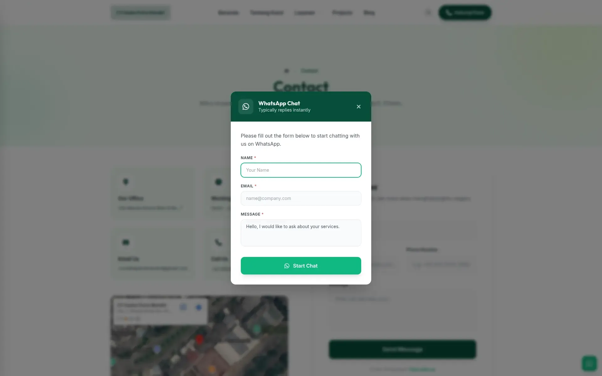 Contact page with the WhatsApp contact widget open, asking for a name, email, and message