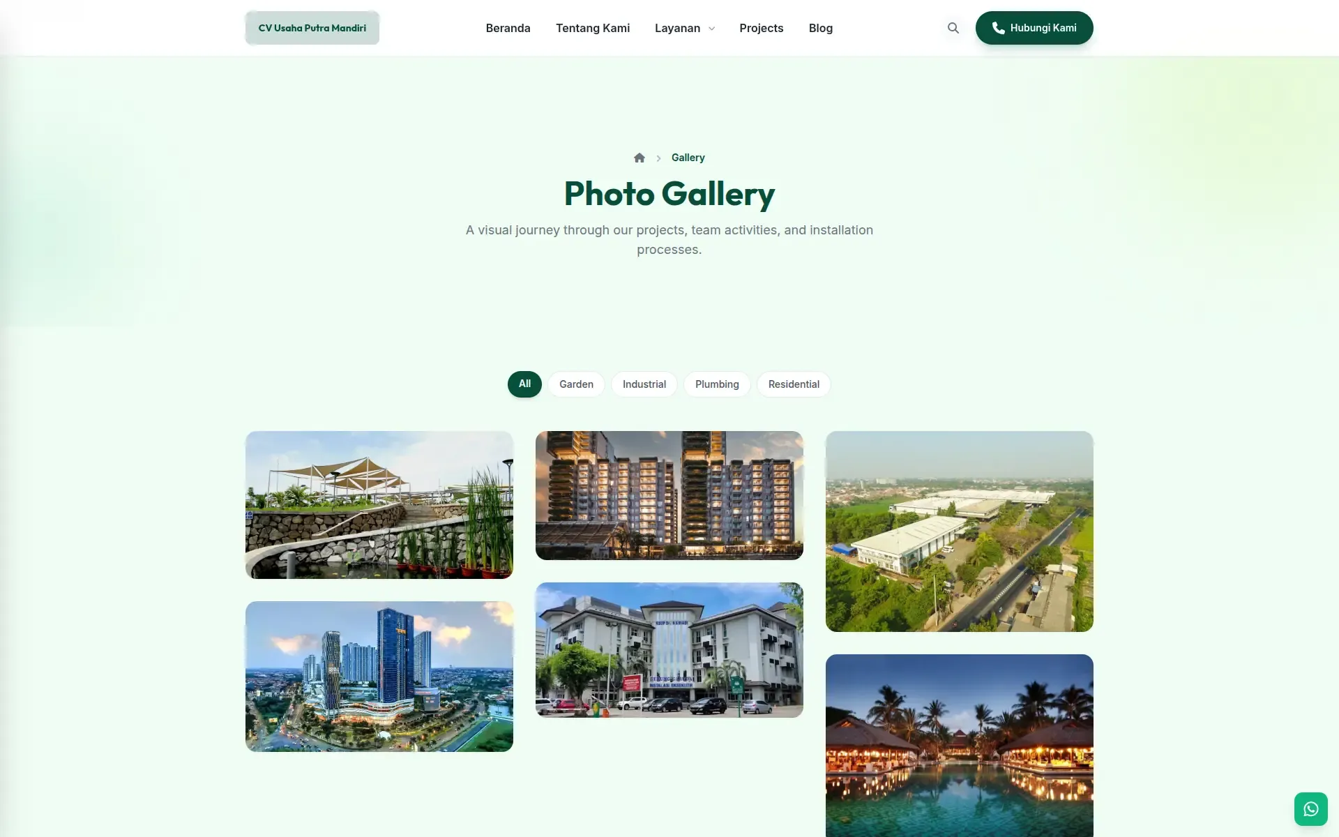 Photo gallery with category filters and a grid of project photos
