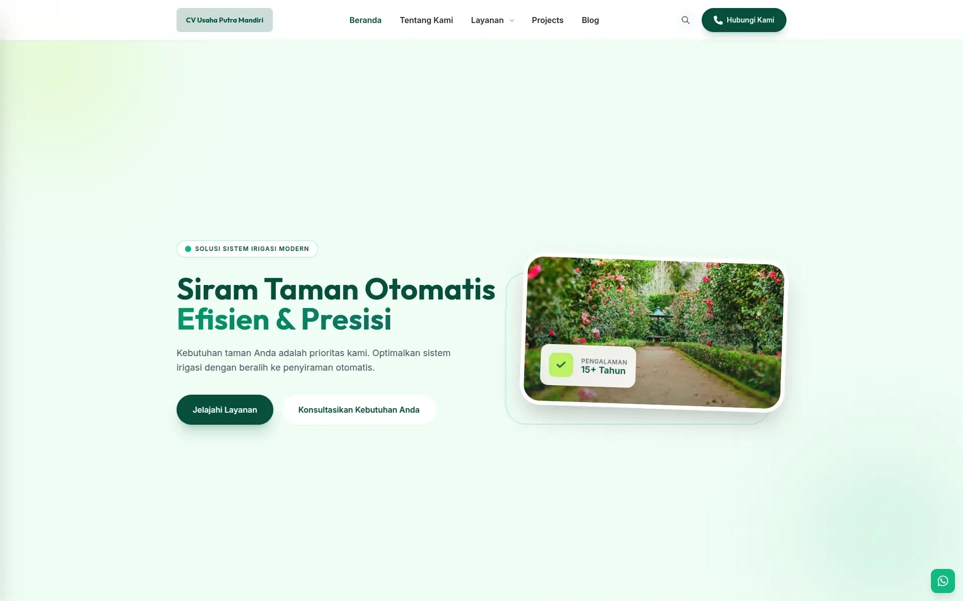 CV Usaha Putra Mandiri homepage with the automatic garden sprinkler headline and a garden photo