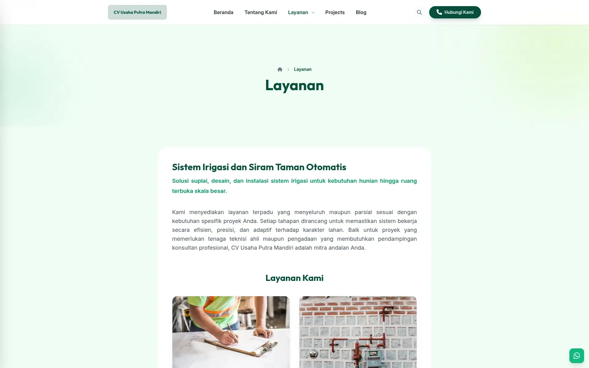Services page describing the irrigation supply, design, and installation service