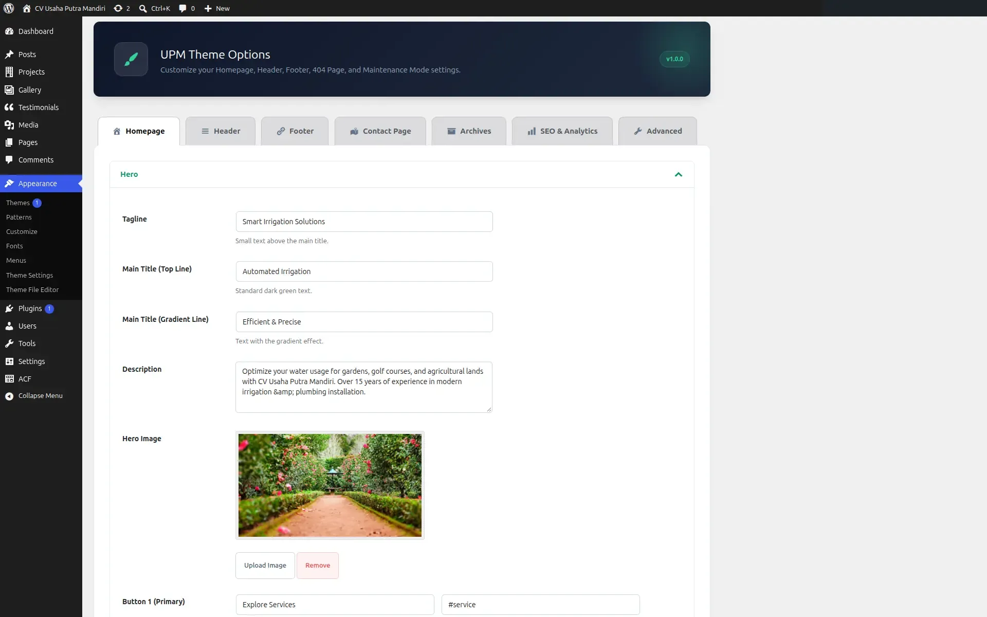 The UPM Theme Options panel in WordPress admin, with tabs for the homepage, header, footer, contact page, archives, SEO and analytics, and advanced settings