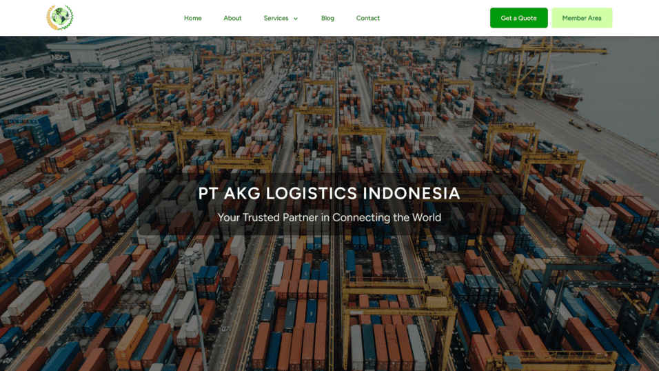 Akglogindo theme front page featuring main navigation menu and hero section with logistics services introduction.