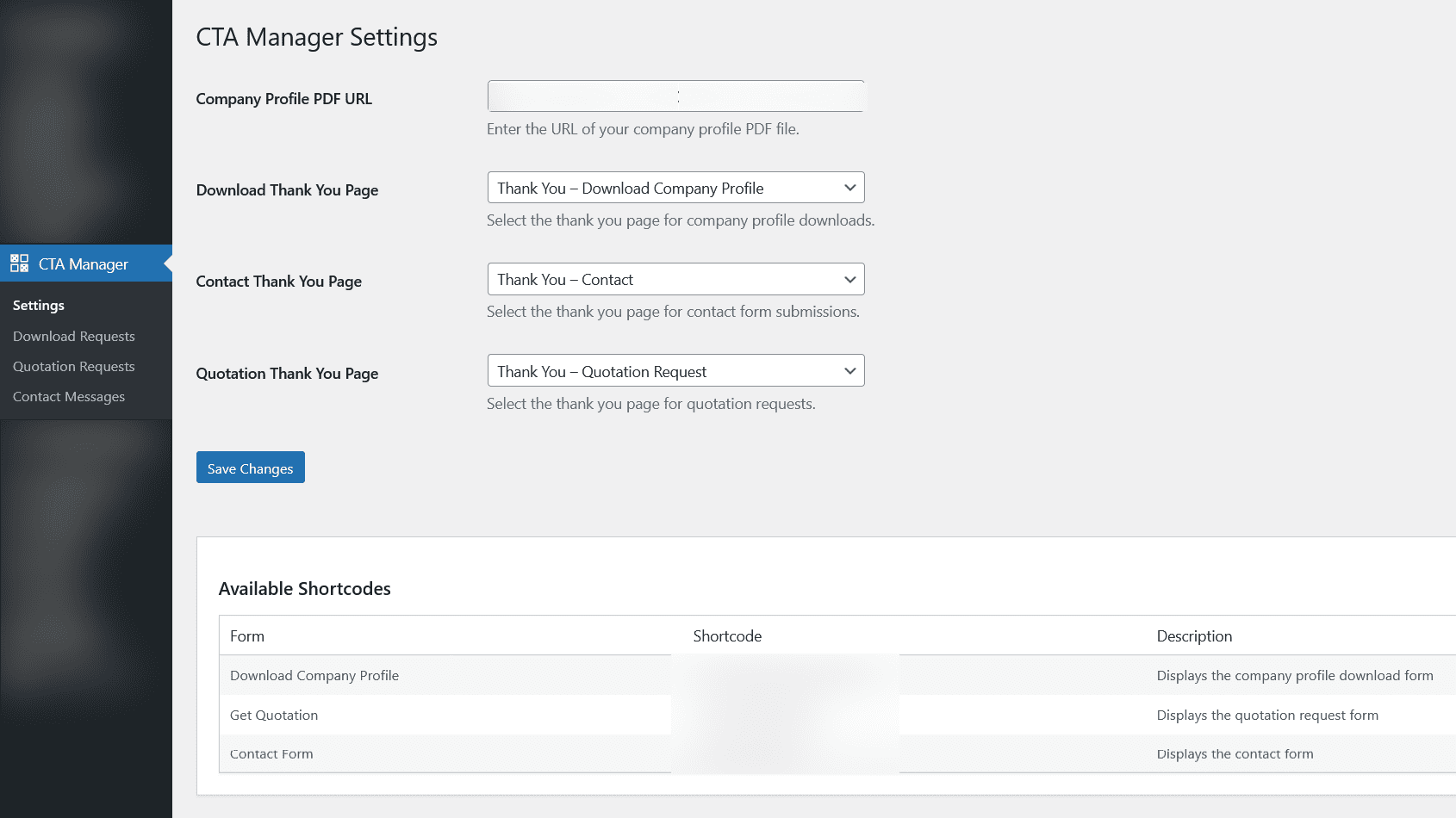 Settings dashboard of Custom CTA Manager plugin showing general settings, page redirection configurations, and available shortcodes list.