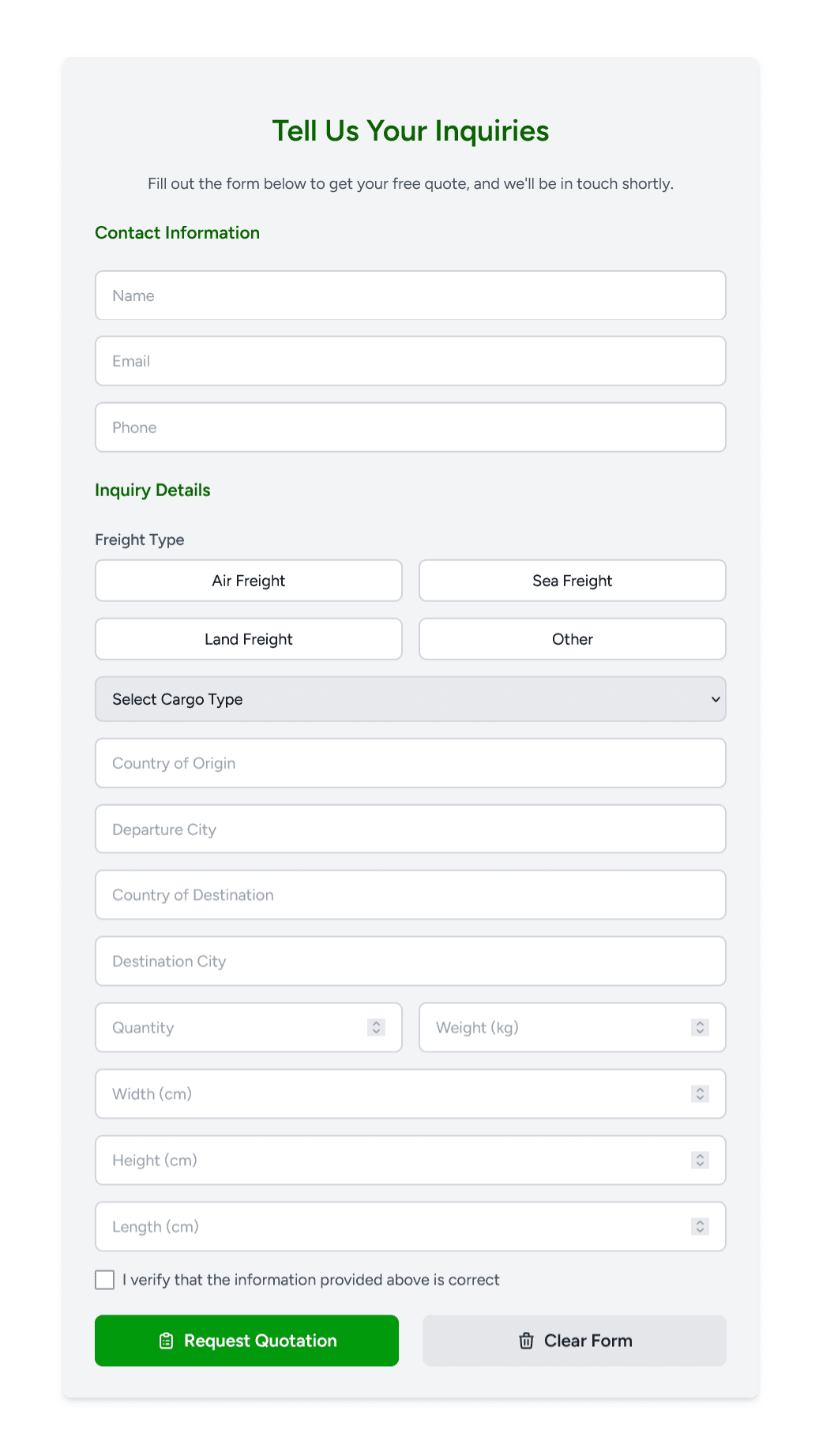Logistics quotation request form with contact fields, freight options, cargo specifications, and route details.