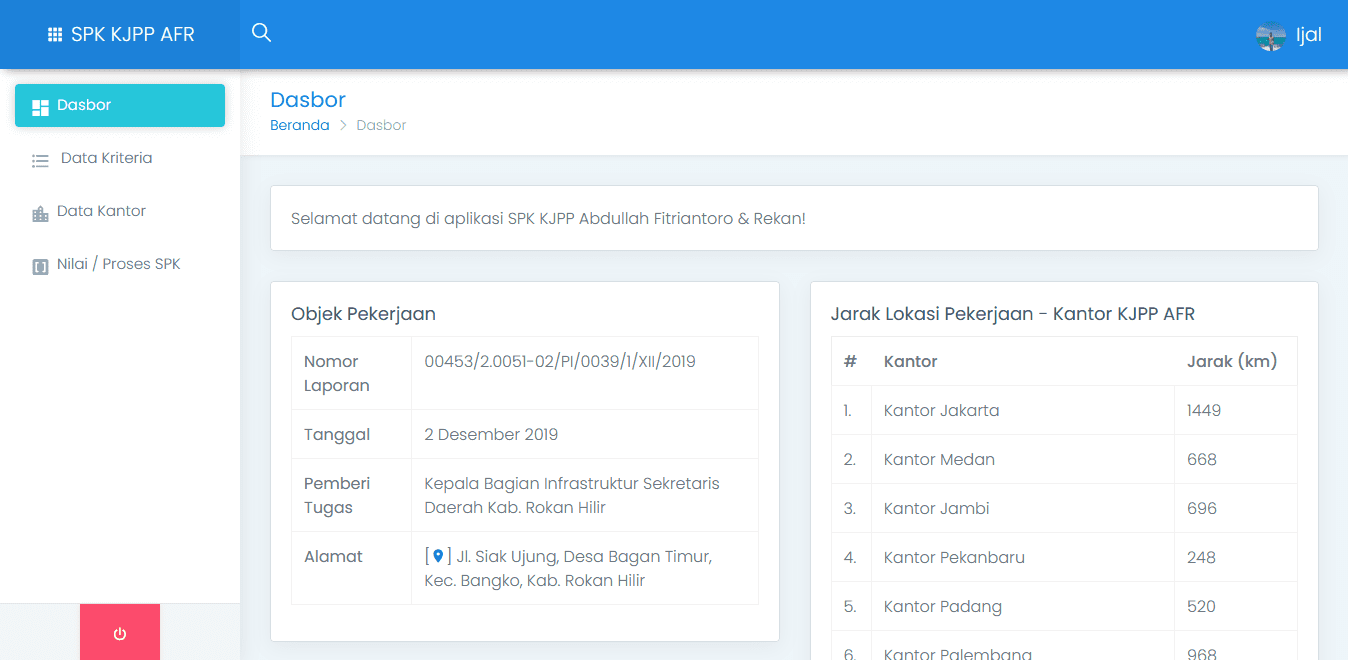 SPK KJPP AFR Dashboard showing project details and office distance data.