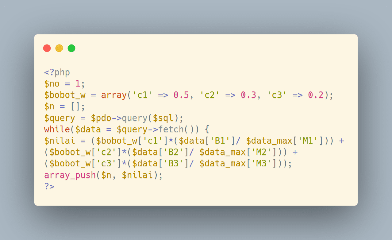 PHP code implementation of SAW Algorithm showing weight calculations and database query.