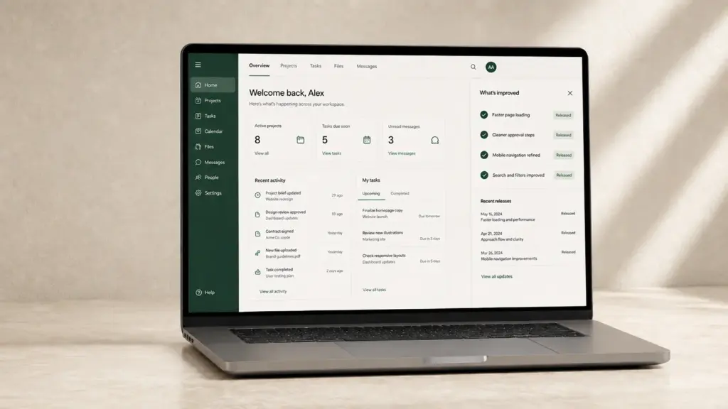 Client workspace showing shipped improvements and recent releases
